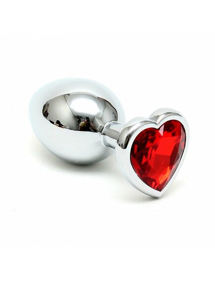 Серебряная анальная пробка из алюминия с ярко-красным кристаллом в форме сердца (Large) 
