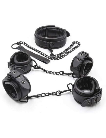 БДСМ набор из натуральной кожи 4 предмета (ошейник,оковы,наручники,поводок) черный 