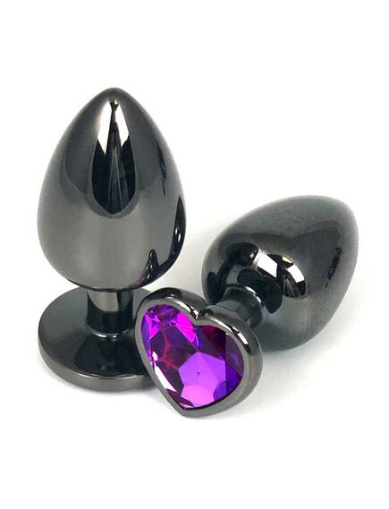 Анальная пробка чёрный металл с фиолетовым кристаллом, сердце, M 